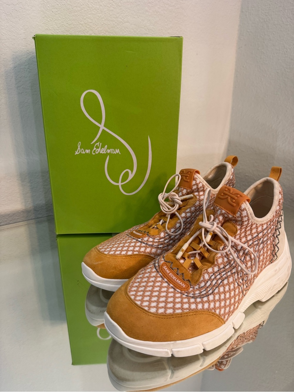 Sam Edelman Women's Tan Yellow and White Knit Platform Sneakers